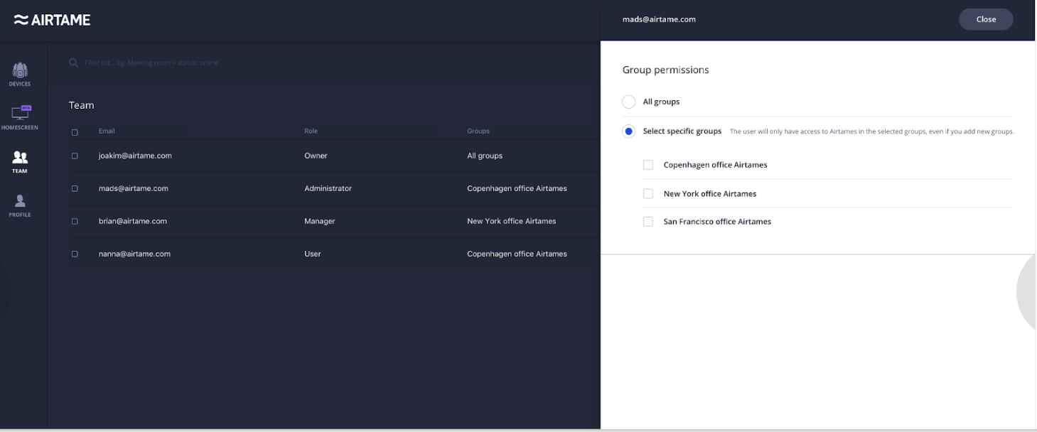 A screenshot from the Airtame Cloud showing user roles